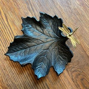 Beautiful Metal Maple Leaf with Dragonfly Perched on Stem